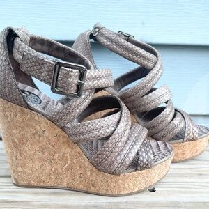 Tory Burch Taupe Wedge Cork Leather Platform Strappy Sandal Heels Size 7